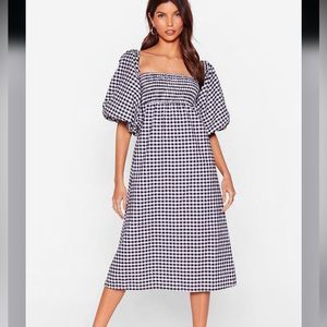 Nasty Gal Black White Gingham Oversized Puff Sleeve Smock Dress